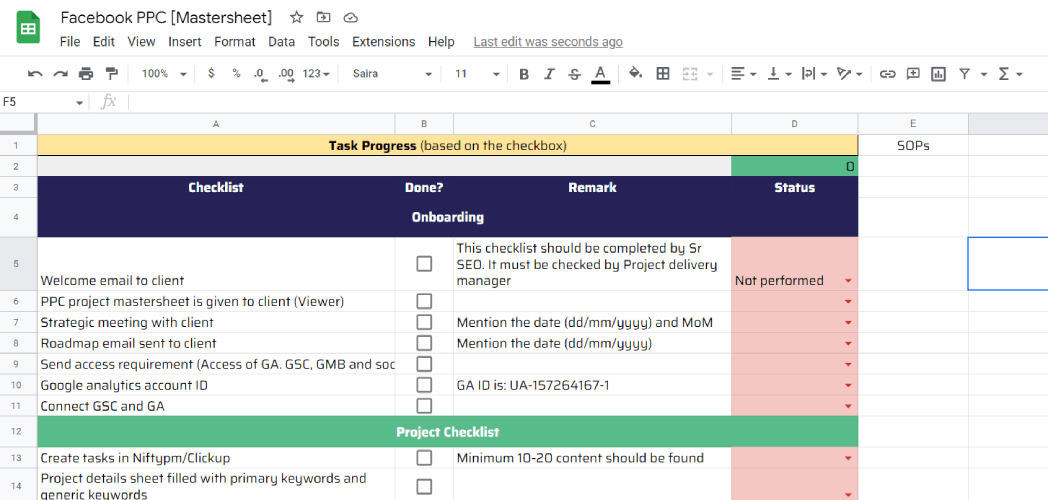 Onboarding facebook PPC Mastersheet Facebook PPC Onboarding Sheet